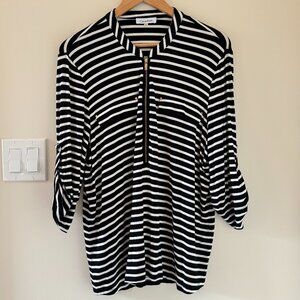 Calvin Klein B&W Striped Jersey Knit Zip Front Blouse Roll Sleeve Top